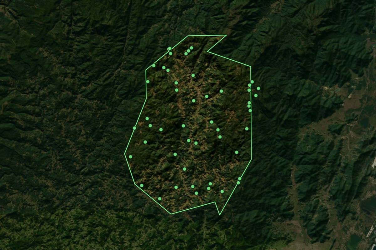 Imagem de satélite de São Bonifácio (SC), com o contorno do município e a posição dos imóveis desta página.