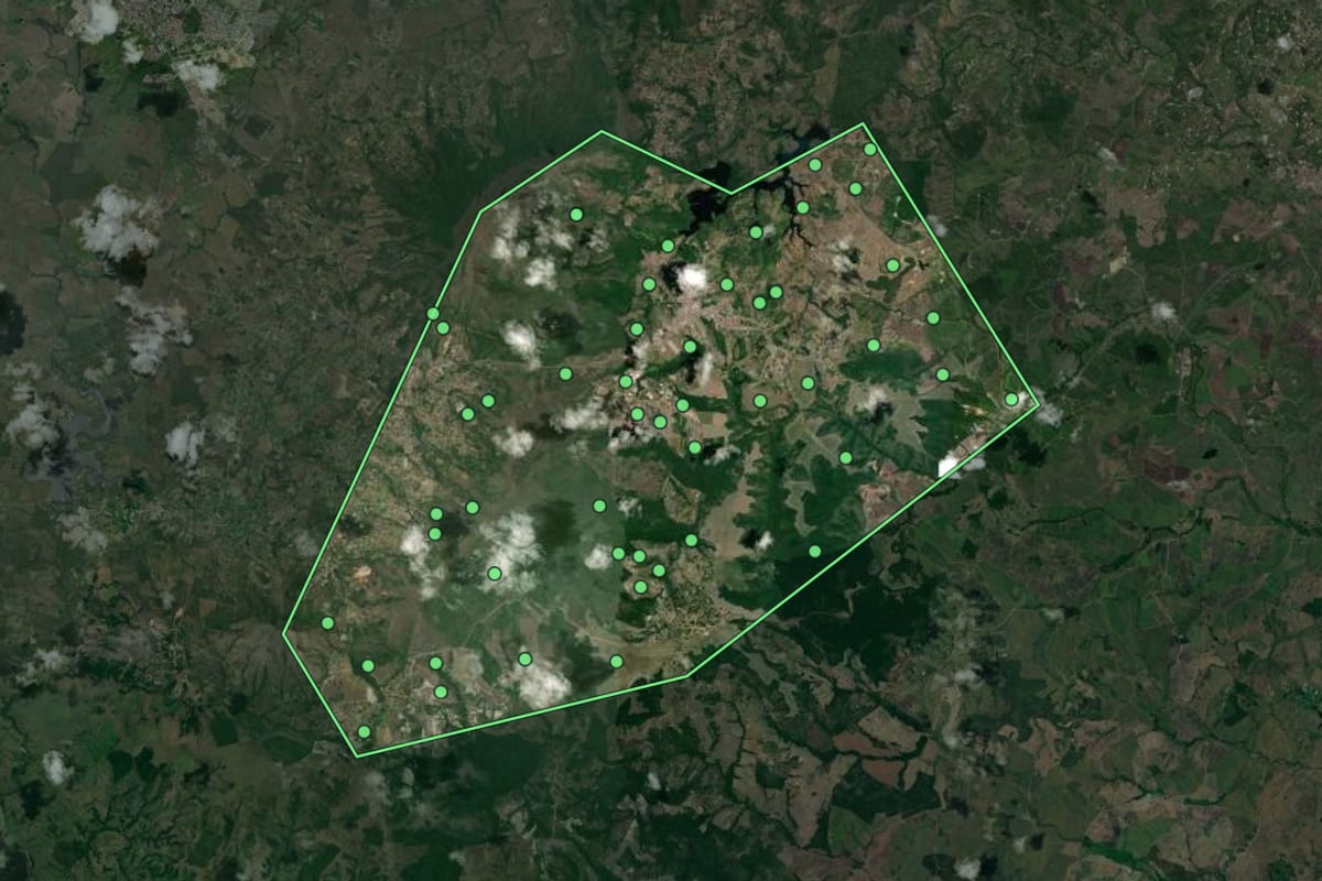 Imagem de satélite de Areia Branca (SE), com o contorno do município e a posição dos imóveis desta página.