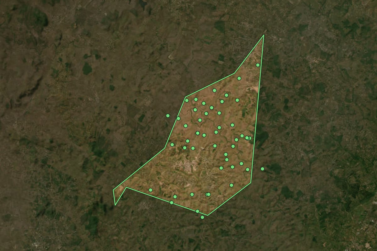 Imagem de satélite de Boquim (SE), com o contorno do município e a posição dos imóveis desta página.