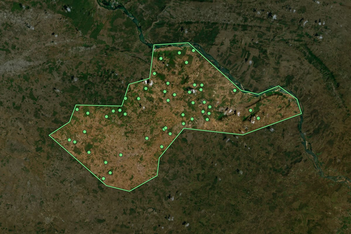 Imagem de satélite de Gararu (SE), com o contorno do município e a posição dos imóveis desta página.