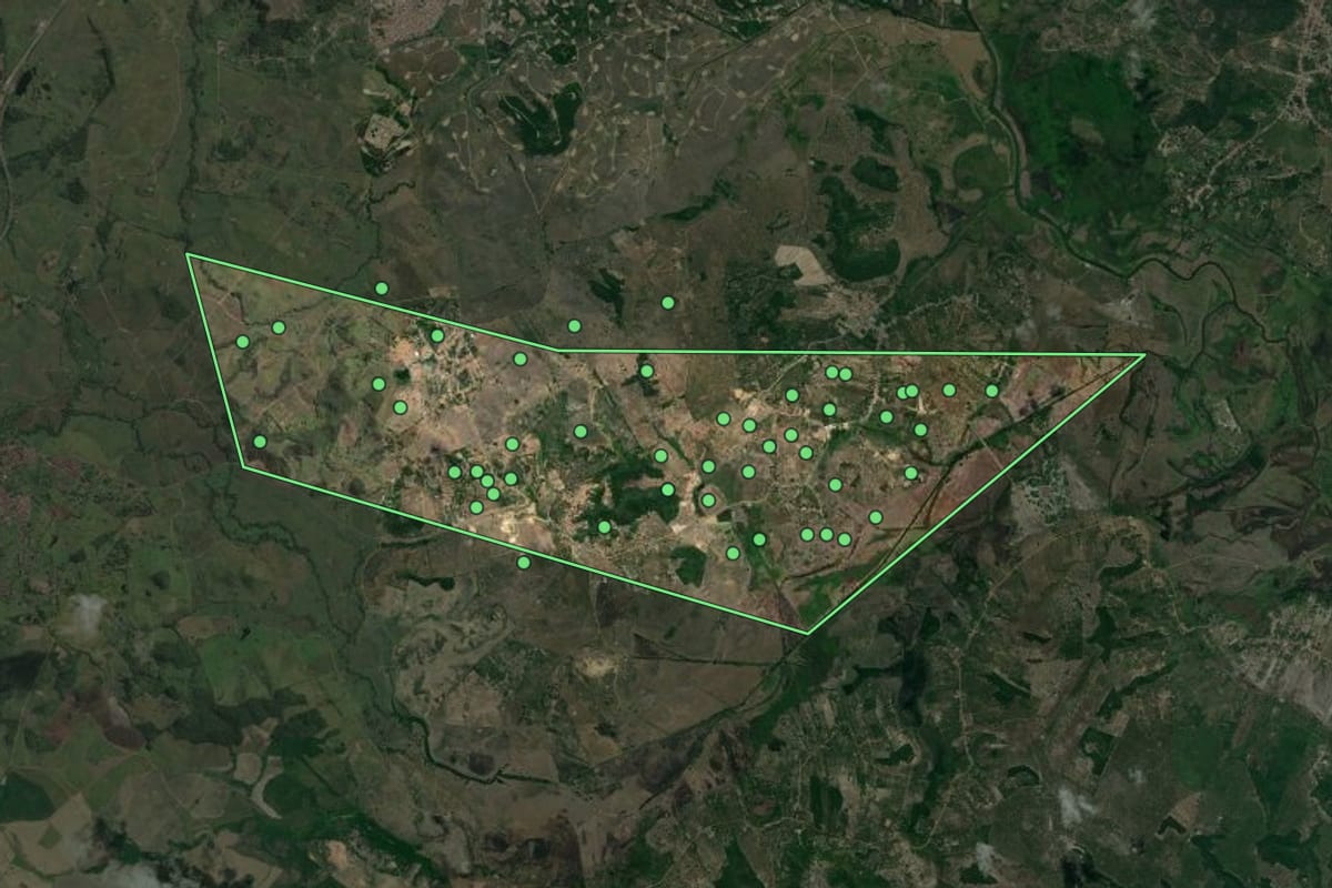 Imagem de satélite de General Maynard (SE), com o contorno do município e a posição dos imóveis desta página.