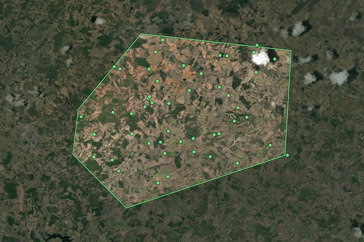 Imagem de satélite de Itabi (SE), com o contorno do município e a posição dos imóveis desta página.