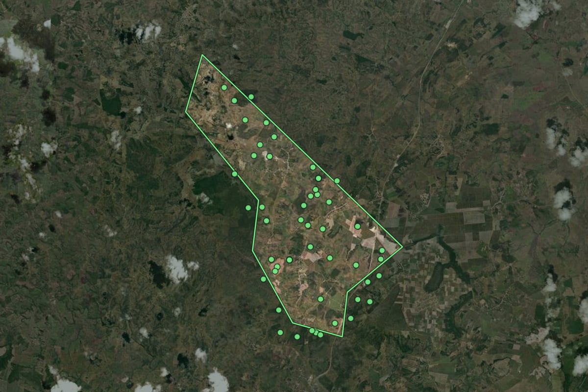 Imagem de satélite de Muribeca (SE), com o contorno do município e a posição dos imóveis desta página.