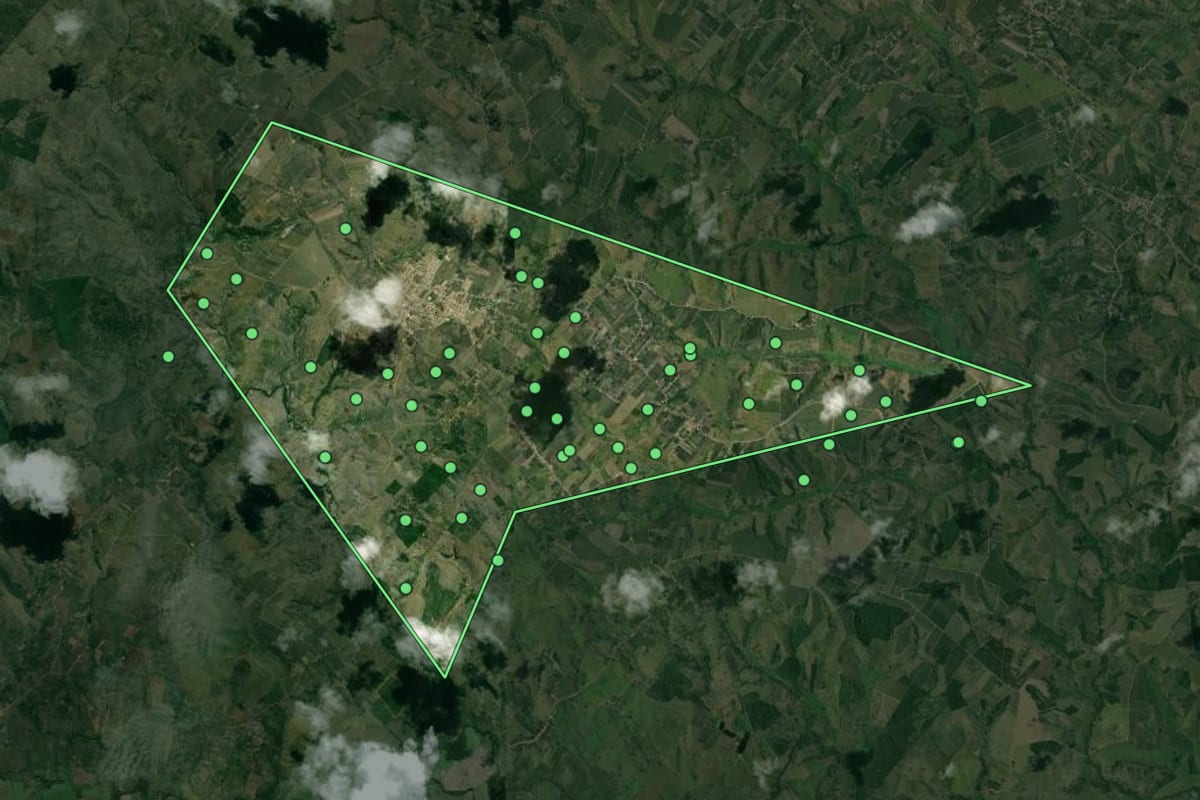 Imagem de satélite de Pedrinhas (SE), com o contorno do município e a posição dos imóveis desta página.