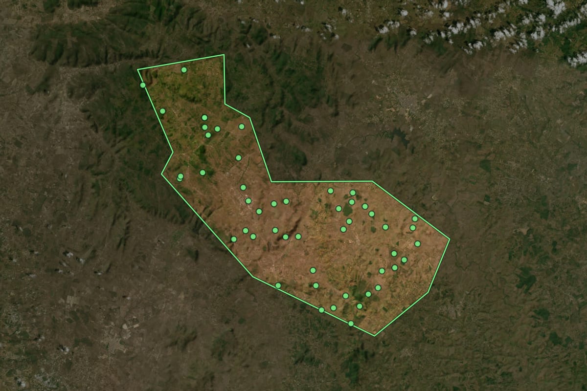 Imagem de satélite de Riachão do Dantas (SE), com o contorno do município e a posição dos imóveis desta página.