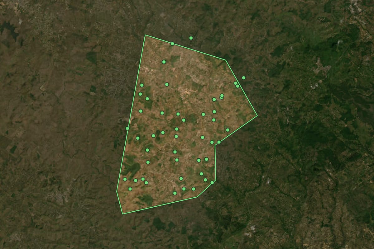Imagem de satélite de Salgado (SE), com o contorno do município e a posição dos imóveis desta página.