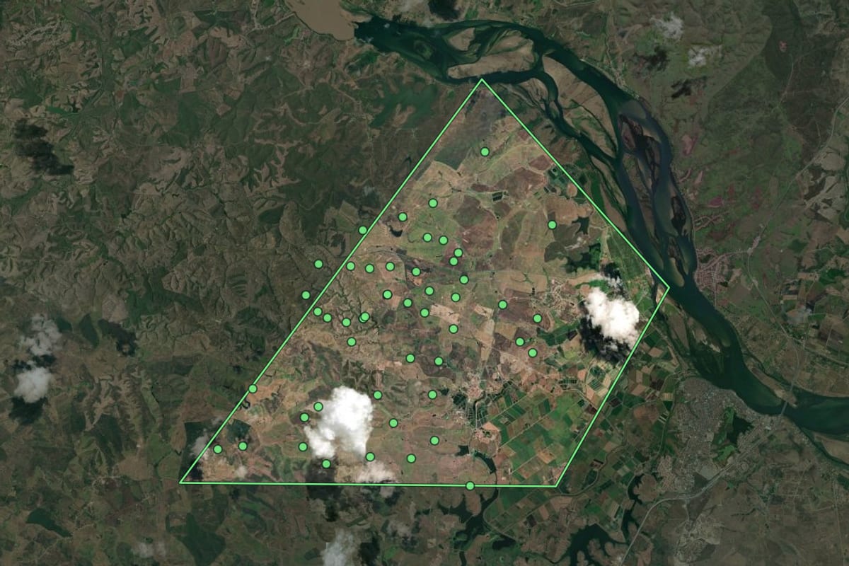 Imagem de satélite de Telha (SE), com o contorno do município e a posição dos imóveis desta página.