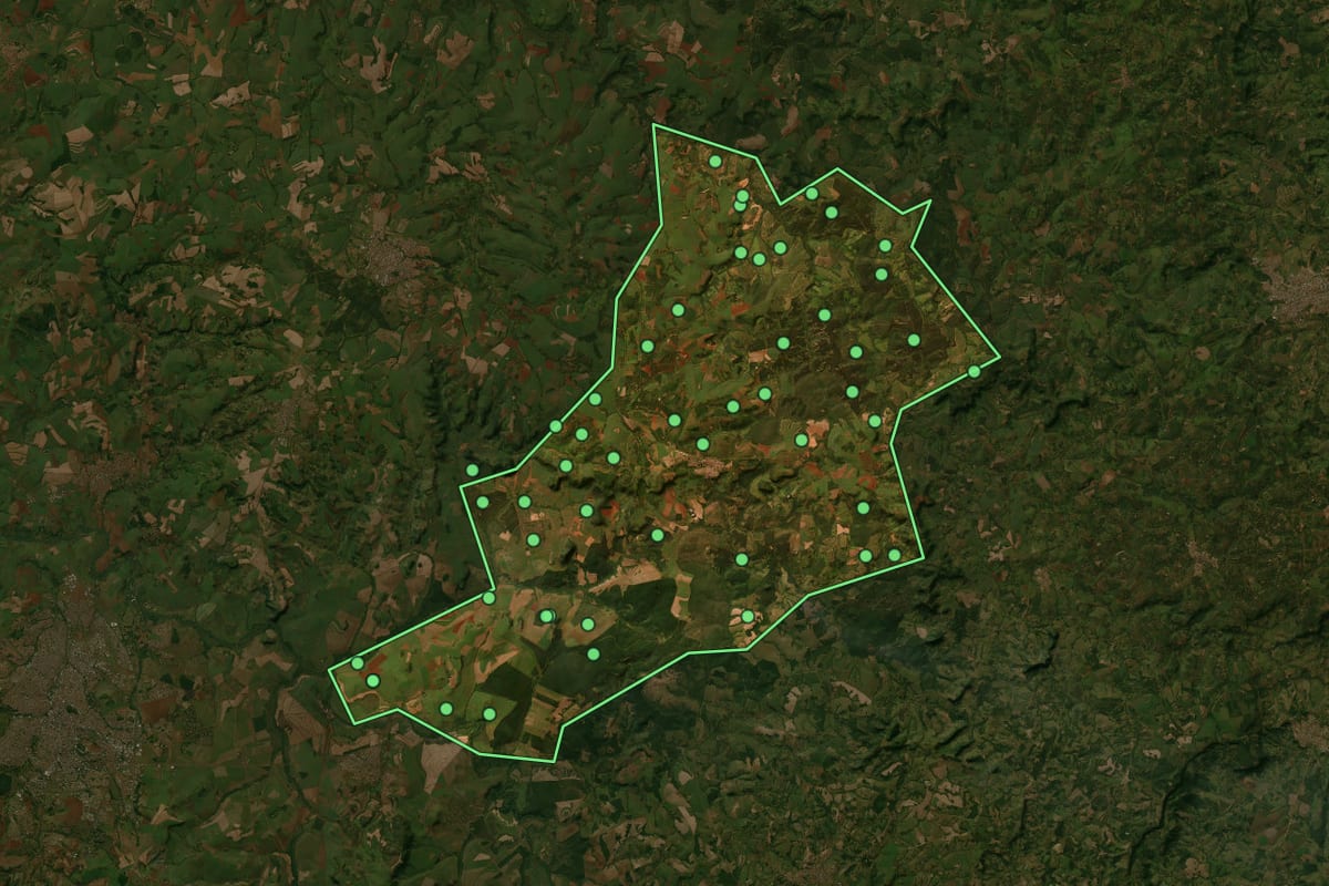 Imagem de satélite de Altinópolis (SP), com o contorno do município e a posição dos imóveis desta página.