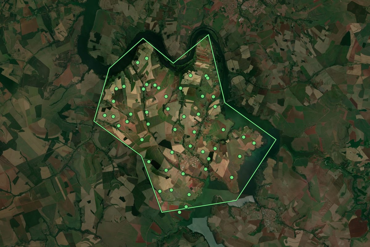 Imagem de satélite de Boracéia (SP), com o contorno do município e a posição dos imóveis desta página.