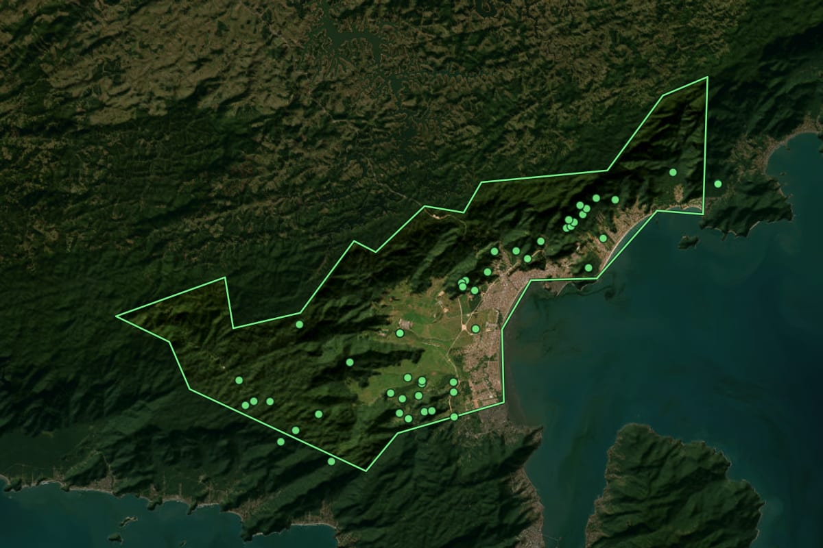 Imagem de satélite de Caraguatatuba (SP), com o contorno do município e a posição dos imóveis desta página.