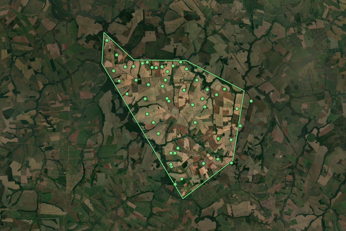 Imagem de satélite de Embaúba (SP), com o contorno do município e a posição dos imóveis desta página.