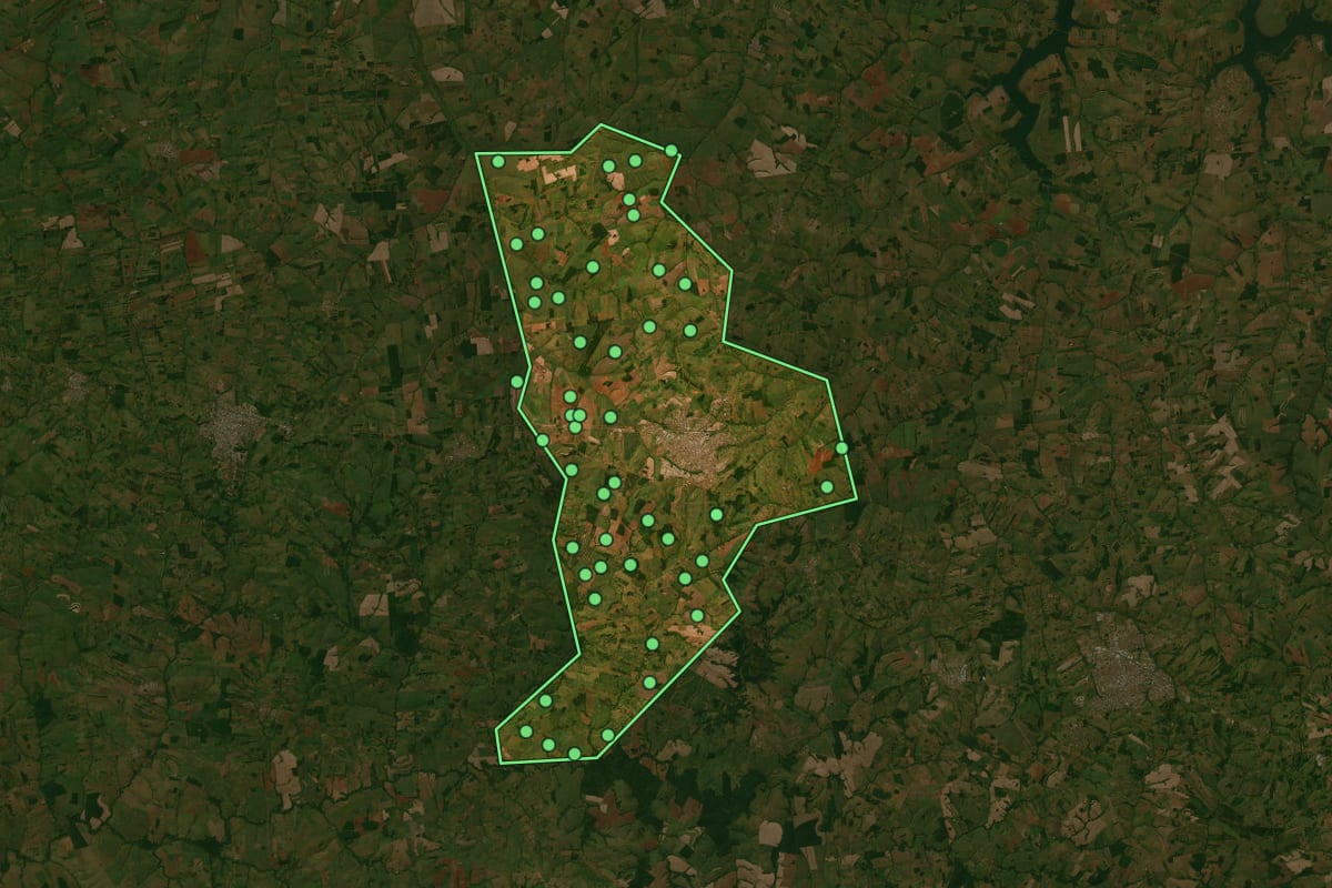 Imagem de satélite de Fernandópolis (SP), com o contorno do município e a posição dos imóveis desta página.