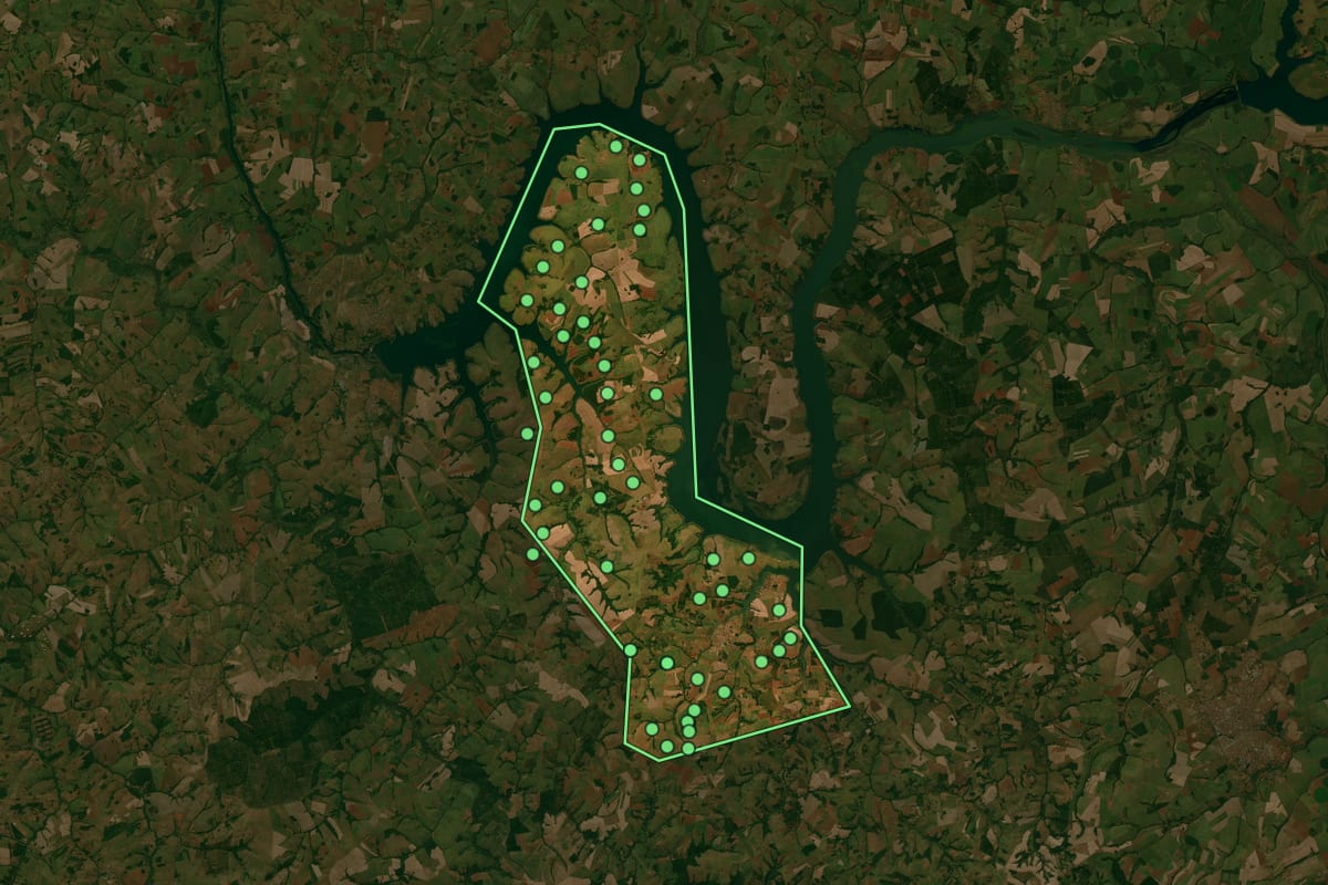 Imagem de satélite de Guaraci (SP), com o contorno do município e a posição dos imóveis desta página.