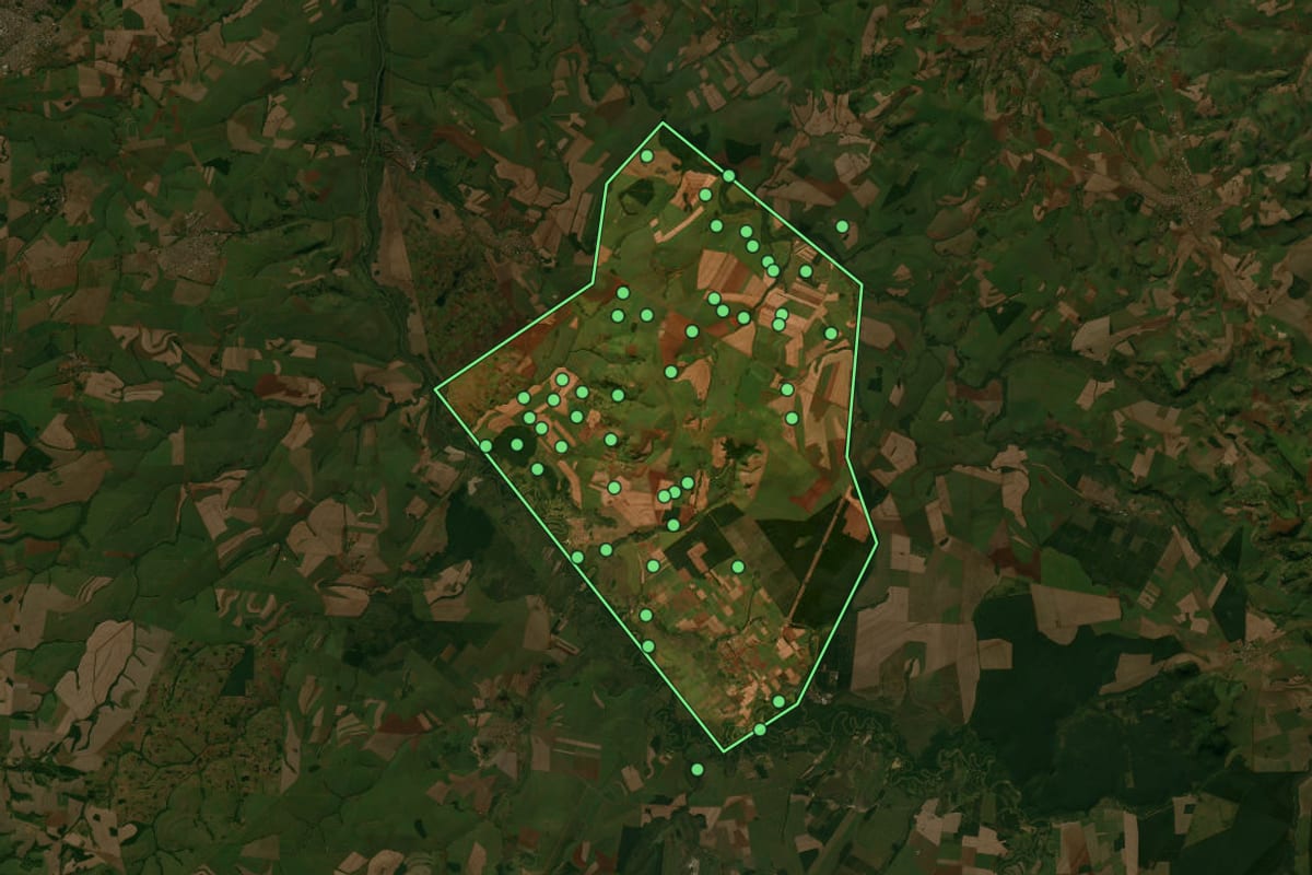 Imagem de satélite de Guatapará (SP), com o contorno do município e a posição dos imóveis desta página.