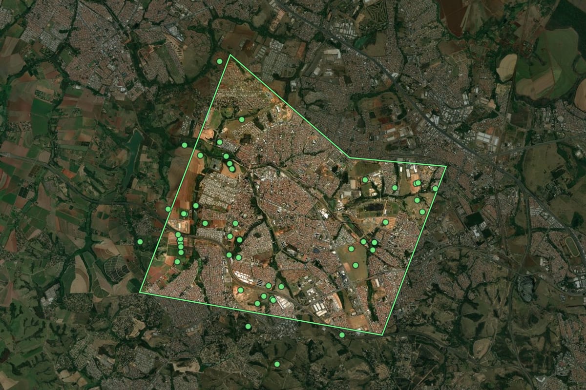 Imagem de satélite de Hortolândia (SP), com o contorno do município e a posição dos imóveis desta página.