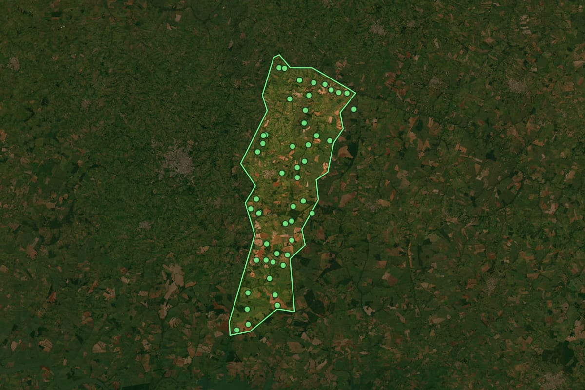 Imagem de satélite de Martinópolis (SP), com o contorno do município e a posição dos imóveis desta página.