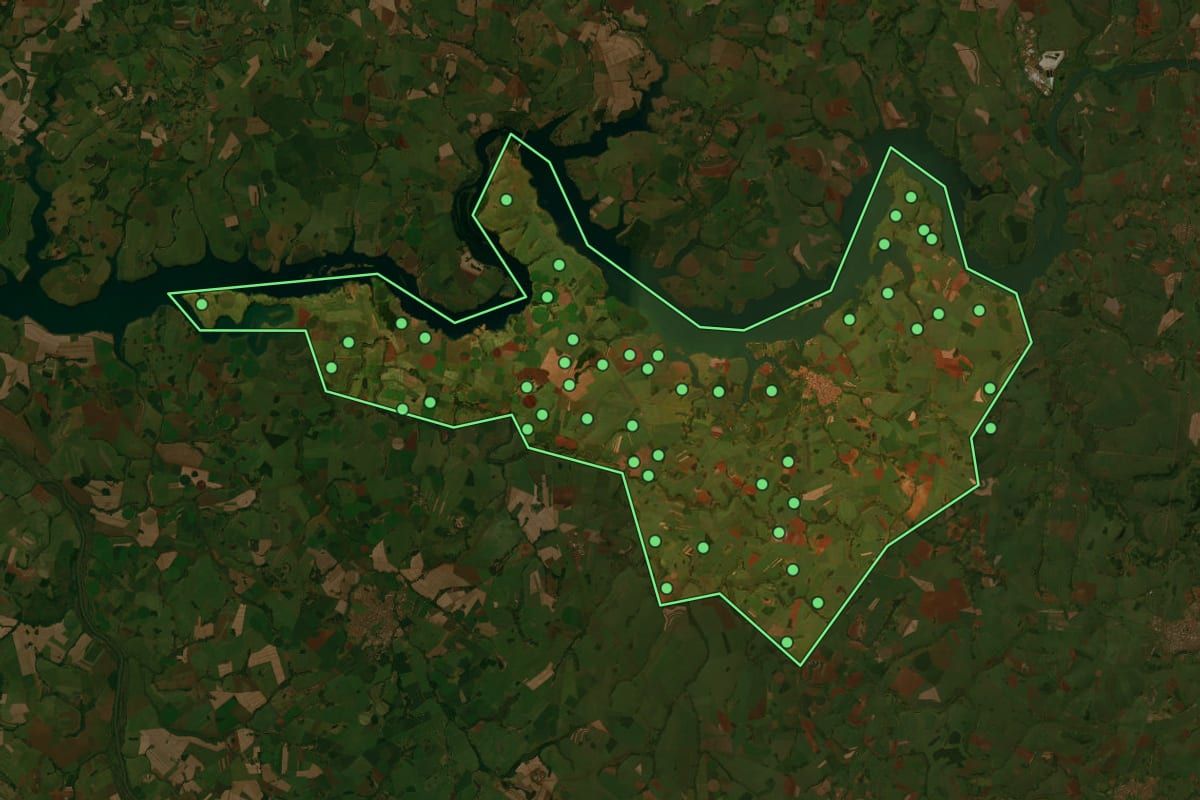 Imagem de satélite de Miguelópolis (SP), com o contorno do município e a posição dos imóveis desta página.