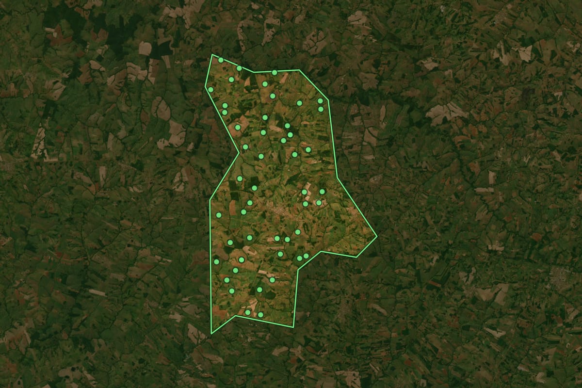 Imagem de satélite de Nhandeara (SP), com o contorno do município e a posição dos imóveis desta página.