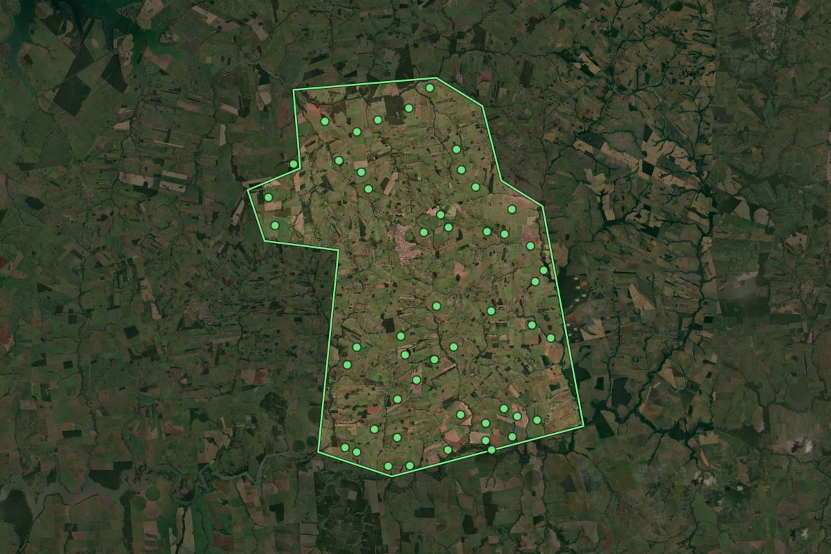 Imagem de satélite de Palmeira d'Oeste (SP), com o contorno do município e a posição dos imóveis desta página.