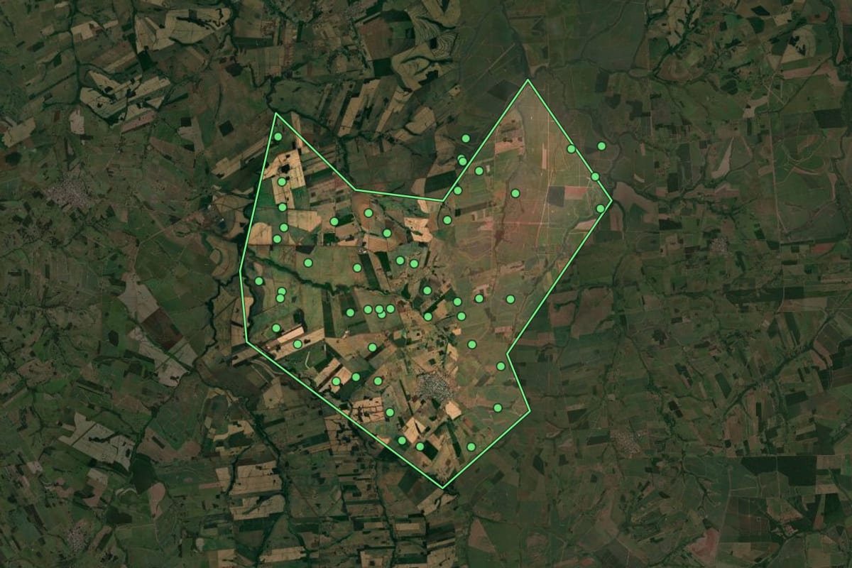 Imagem de satélite de Paranapuã (SP), com o contorno do município e a posição dos imóveis desta página.