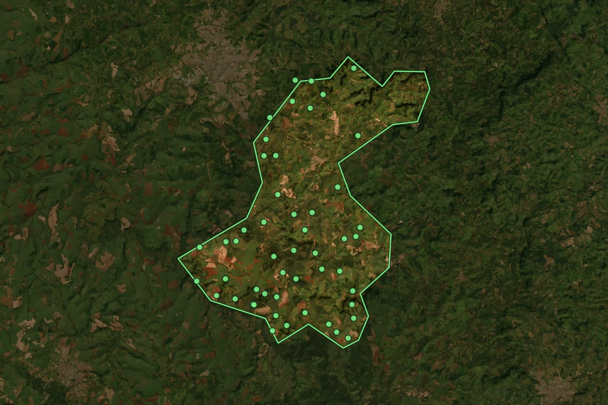 Imagem de satélite de Patrocínio Paulista (SP), com o contorno do município e a posição dos imóveis desta página.