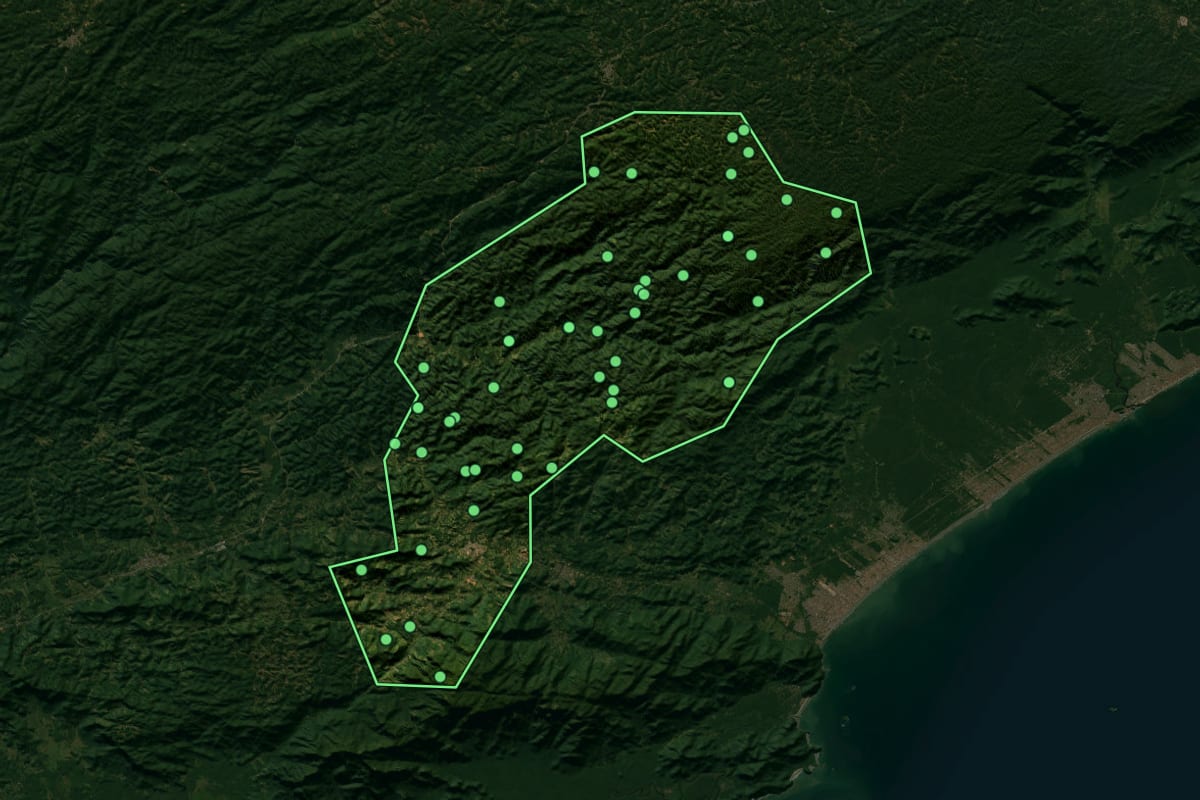 Imagem de satélite de Pedro de Toledo (SP), com o contorno do município e a posição dos imóveis desta página.