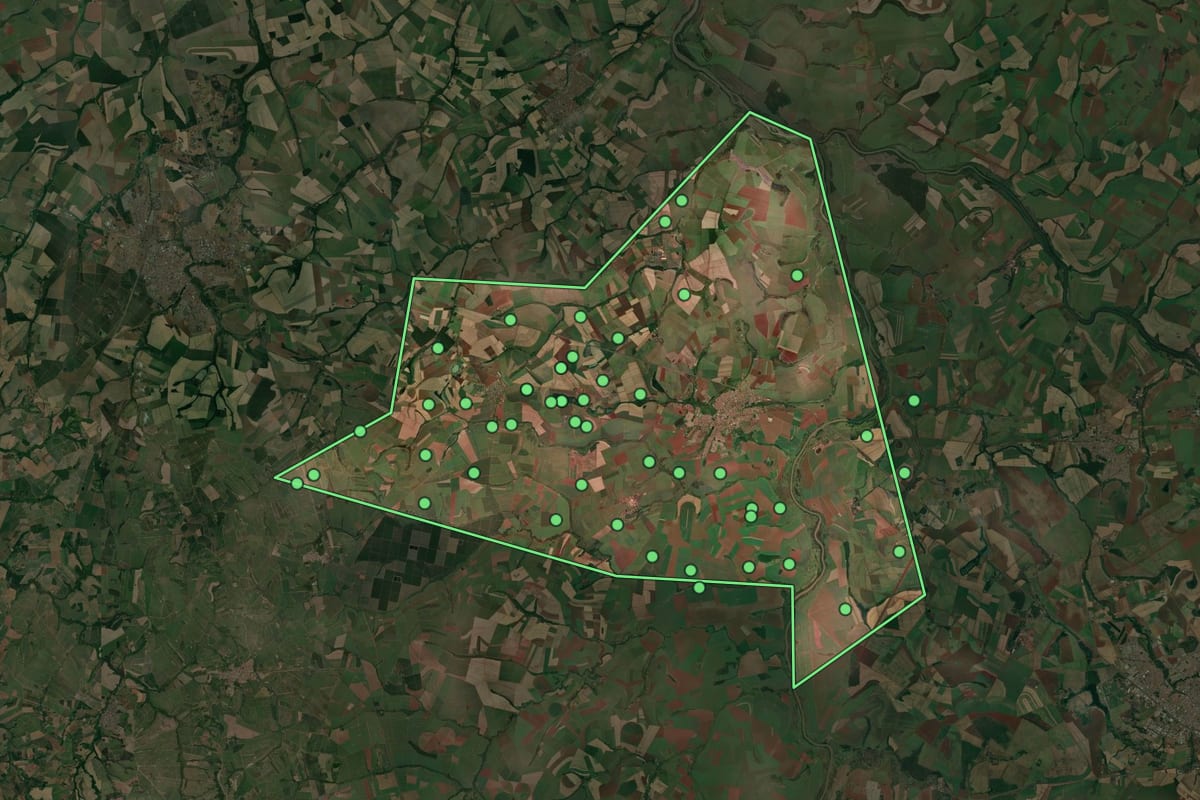 Imagem de satélite de Pitangueiras (SP), com o contorno do município e a posição dos imóveis desta página.