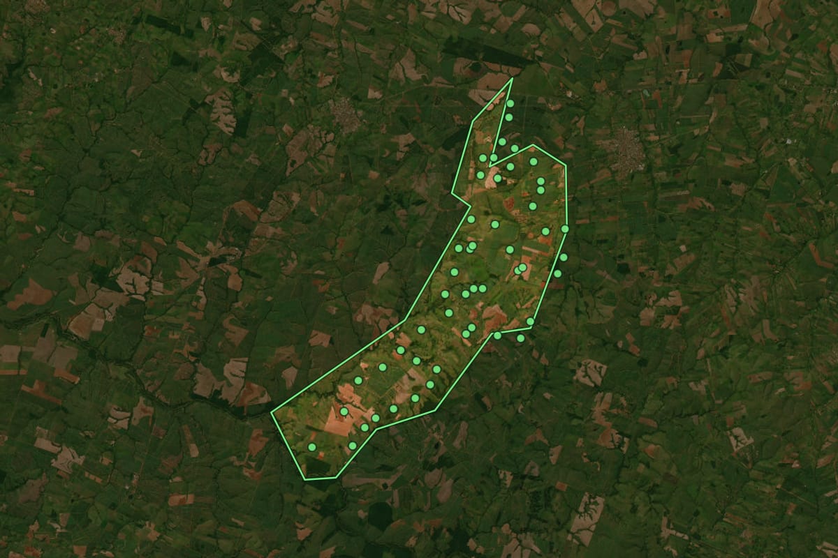 Imagem de satélite de Rubiácea (SP), com o contorno do município e a posição dos imóveis desta página.