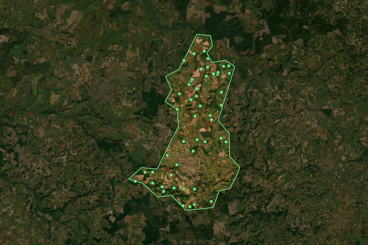 Imagem de satélite de São Carlos (SP), com o contorno do município e a posição dos imóveis desta página.