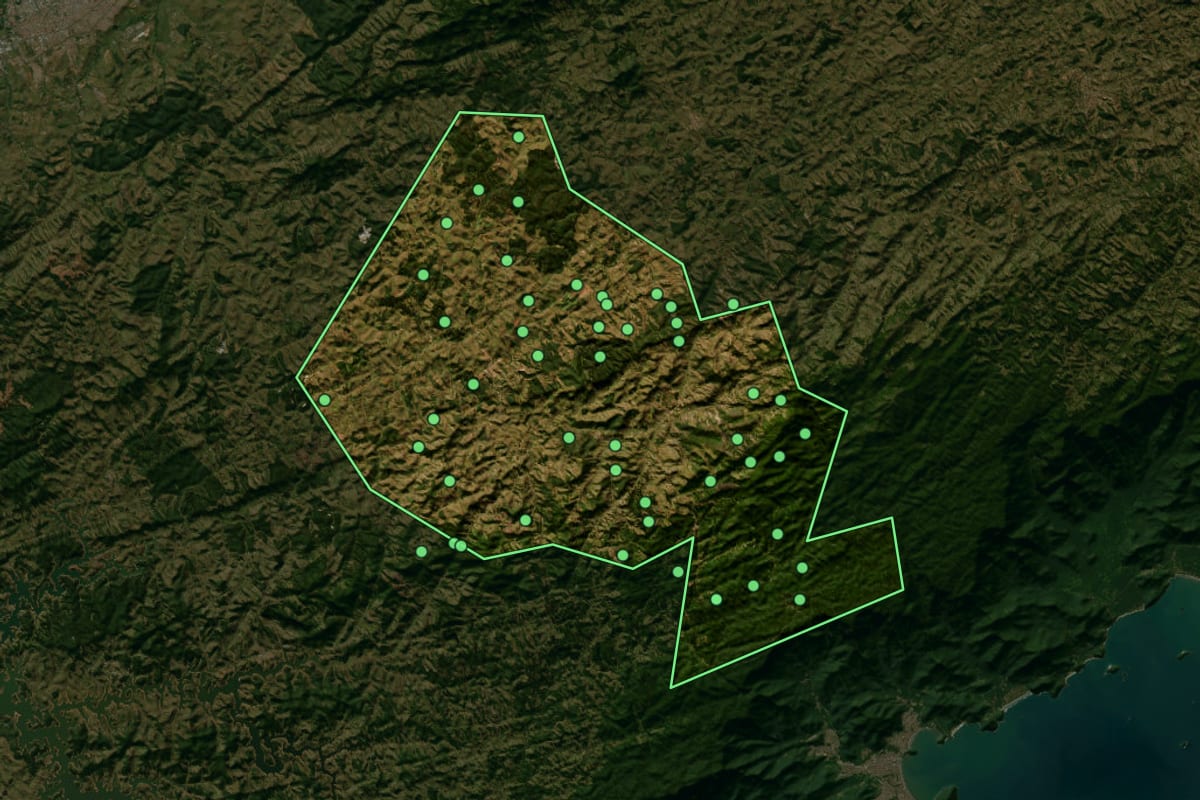 Imagem de satélite de São Luiz do Paraitinga (SP), com o contorno do município e a posição dos imóveis desta página.