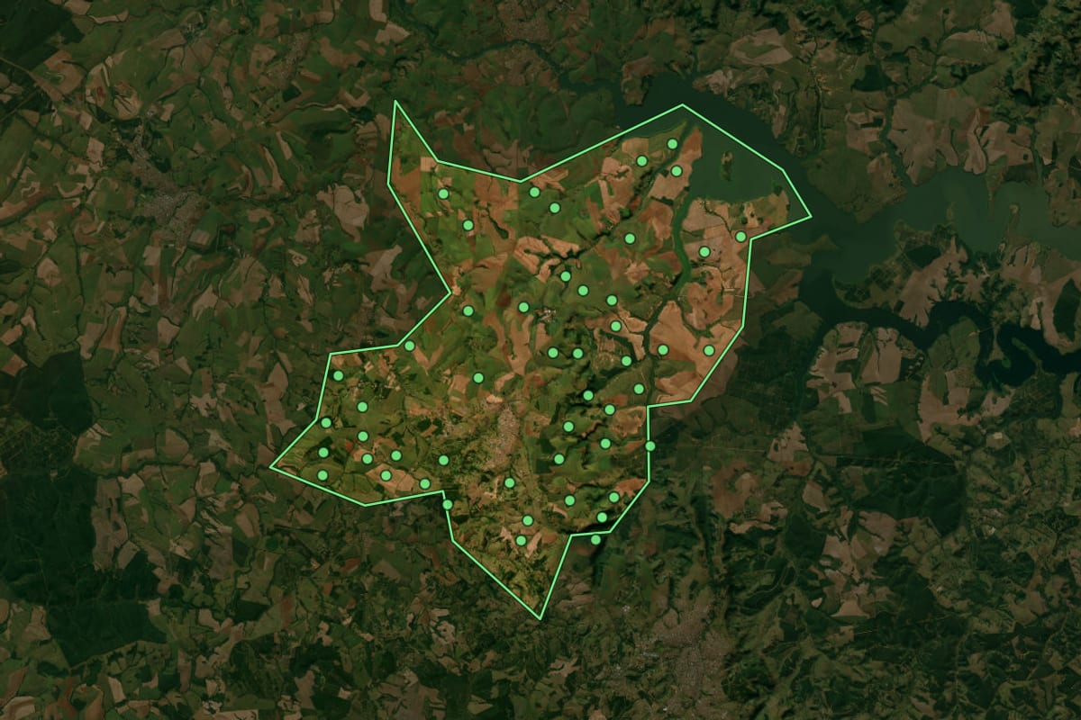 Imagem de satélite de São Manuel (SP), com o contorno do município e a posição dos imóveis desta página.