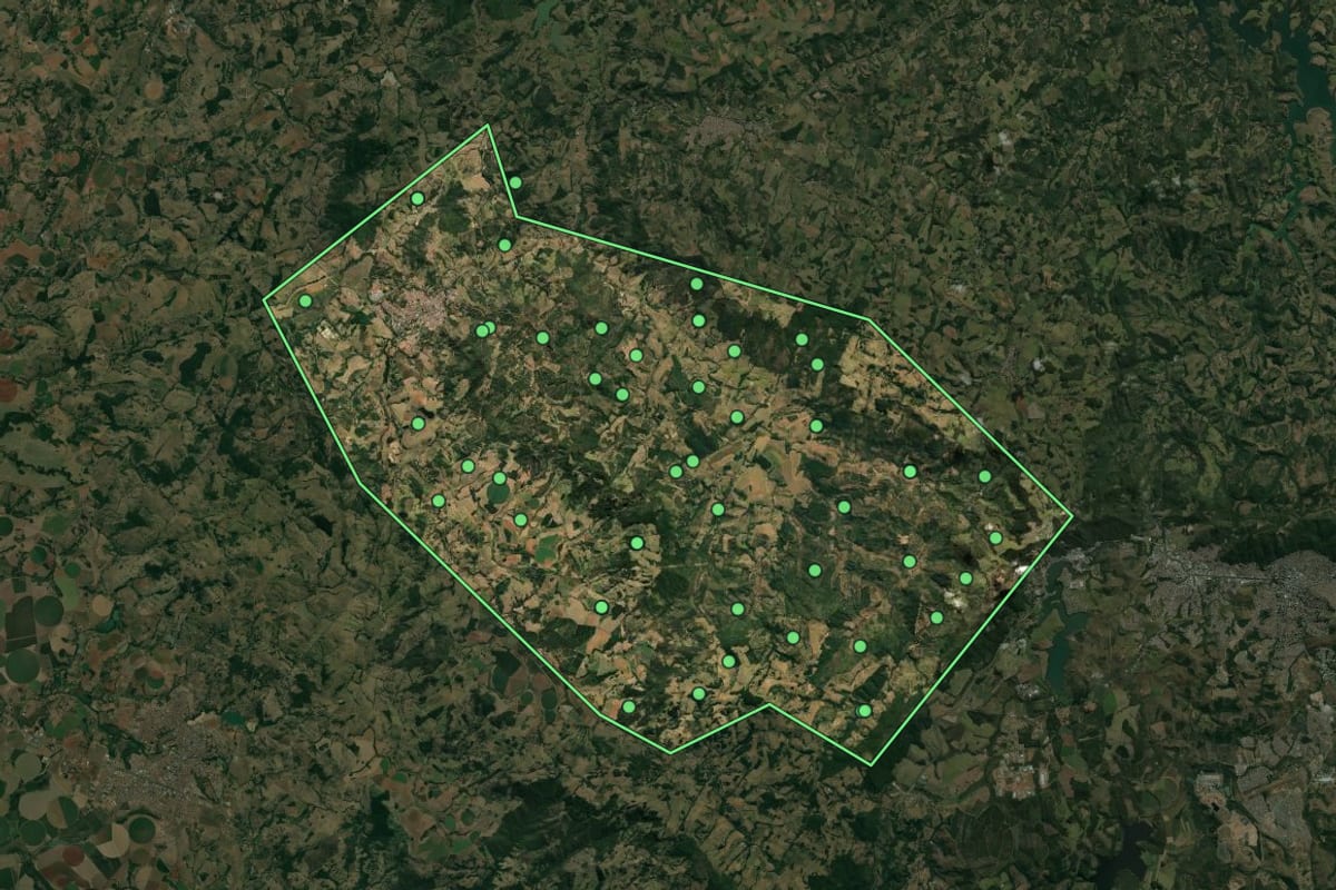 Imagem de satélite de São Sebastião da Grama (SP), com o contorno do município e a posição dos imóveis desta página.