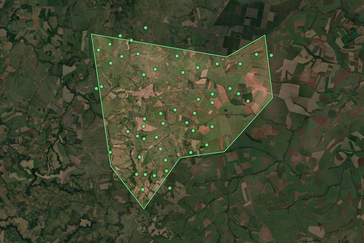 Imagem de satélite de Taiúva (SP), com o contorno do município e a posição dos imóveis desta página.