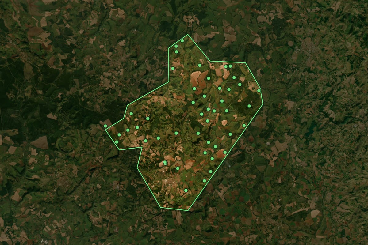 Imagem de satélite de Tambaú (SP), com o contorno do município e a posição dos imóveis desta página.