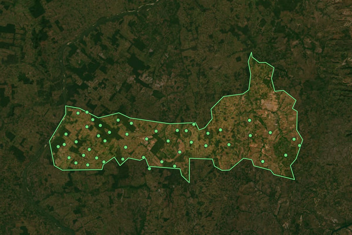 Imagem de satélite de Araguaína (TO), com o contorno do município e a posição dos imóveis desta página.