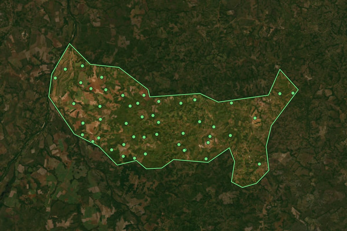 Imagem de satélite de Bom Jesus do Tocantins (TO), com o contorno do município e a posição dos imóveis desta página.