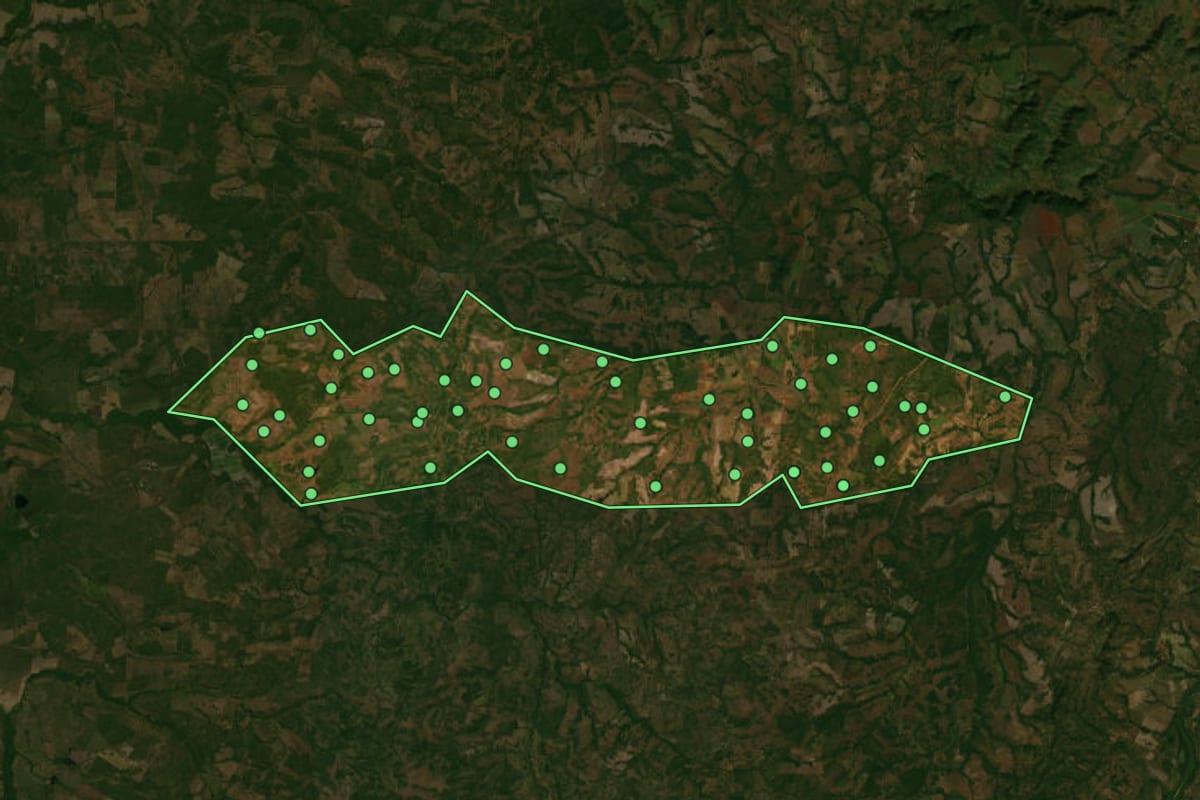 Imagem de satélite de Crixás do Tocantins (TO), com o contorno do município e a posição dos imóveis desta página.