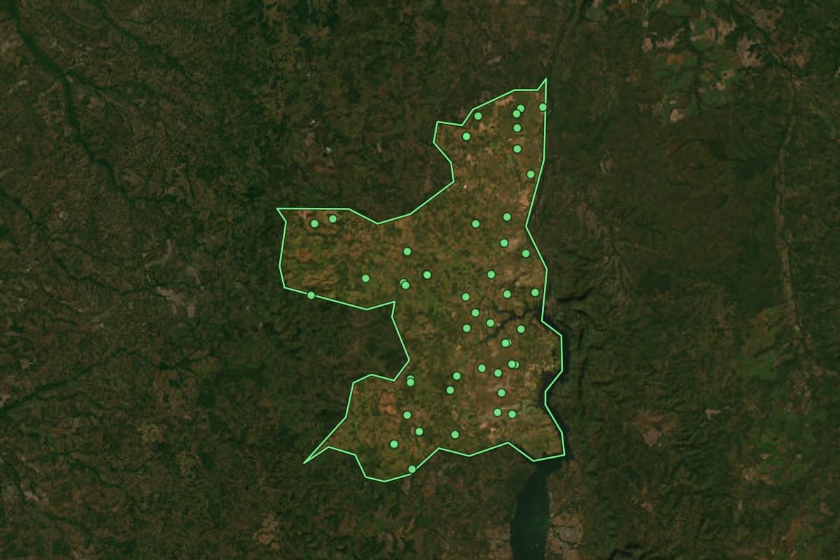 Imagem de satélite de Miracema do Tocantins (TO), com o contorno do município e a posição dos imóveis desta página.