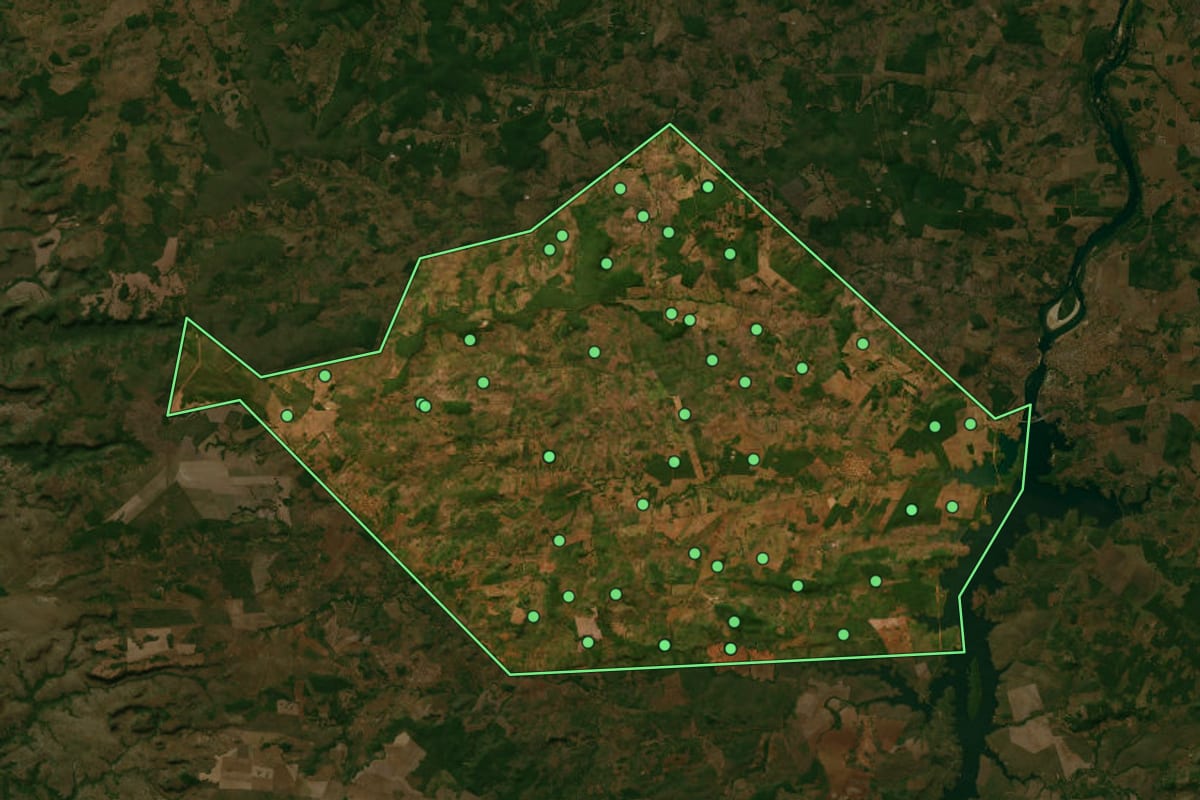 Imagem de satélite de Palmeiras do Tocantins (TO), com o contorno do município e a posição dos imóveis desta página.