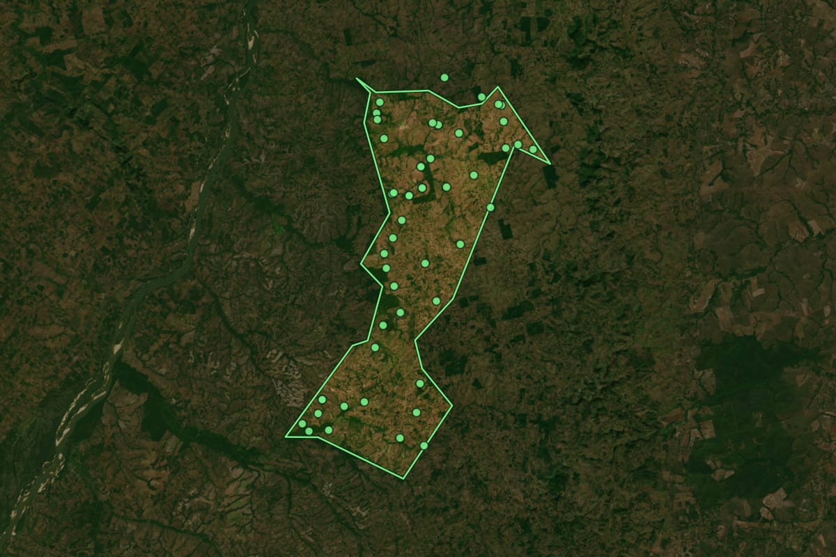 Imagem de satélite de Pequizeiro (TO), com o contorno do município e a posição dos imóveis desta página.