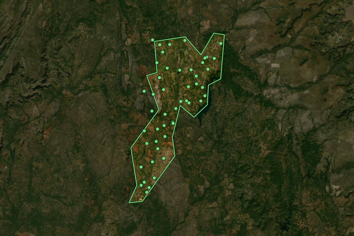 Imagem de satélite de Porto Alegre do Tocantins (TO), com o contorno do município e a posição dos imóveis desta página.