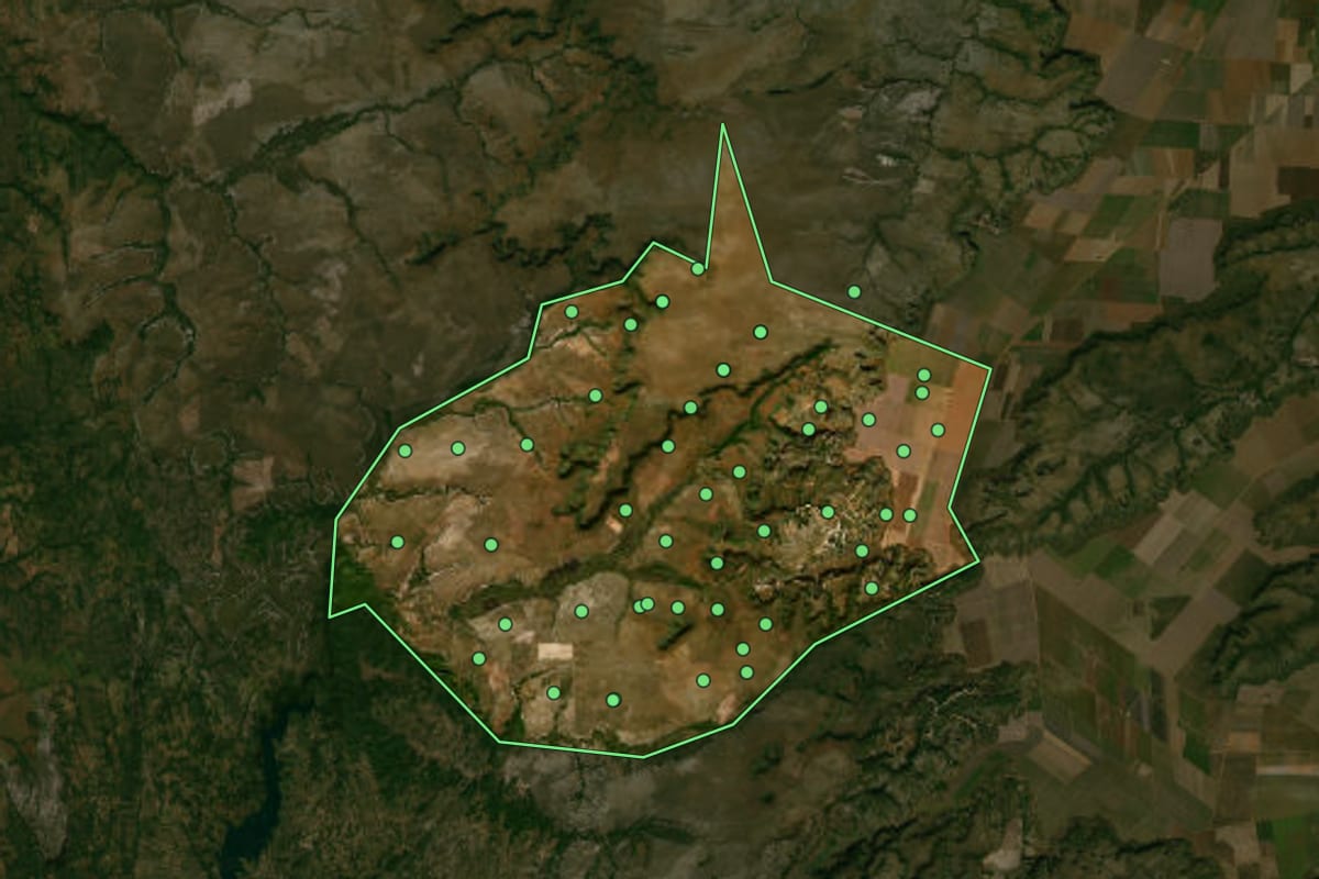 Imagem de satélite de Rio da Conceição (TO), com o contorno do município e a posição dos imóveis desta página.