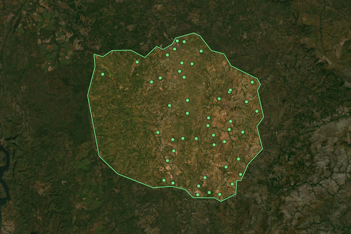 Imagem de satélite de Rio Sono (TO), com o contorno do município e a posição dos imóveis desta página.