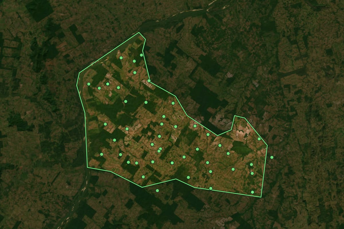 Imagem de satélite de Santa Fé do Araguaia (TO), com o contorno do município e a posição dos imóveis desta página.